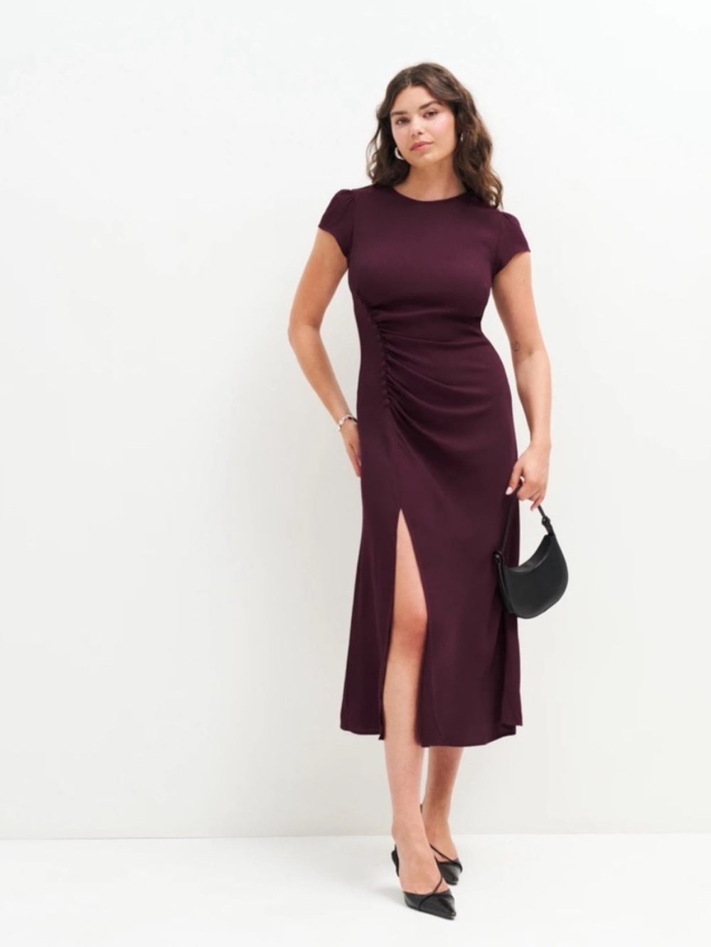Reformation Dress Frasier Midi in Prune Burgundy Wine Purple